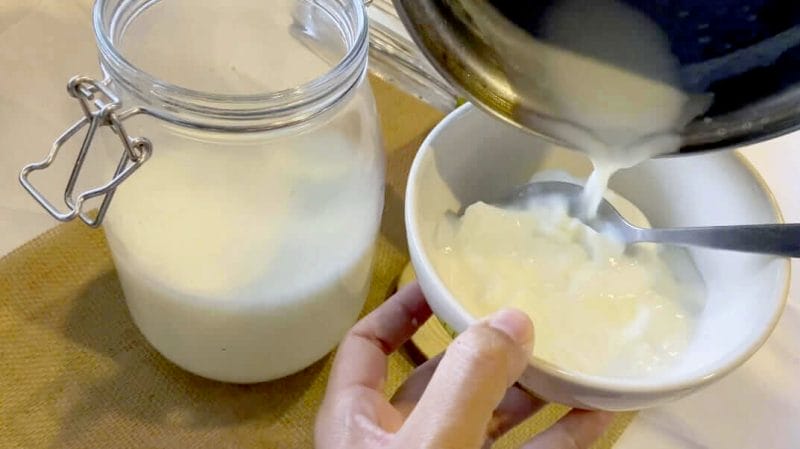 mixing raw milk and yogurt by hand